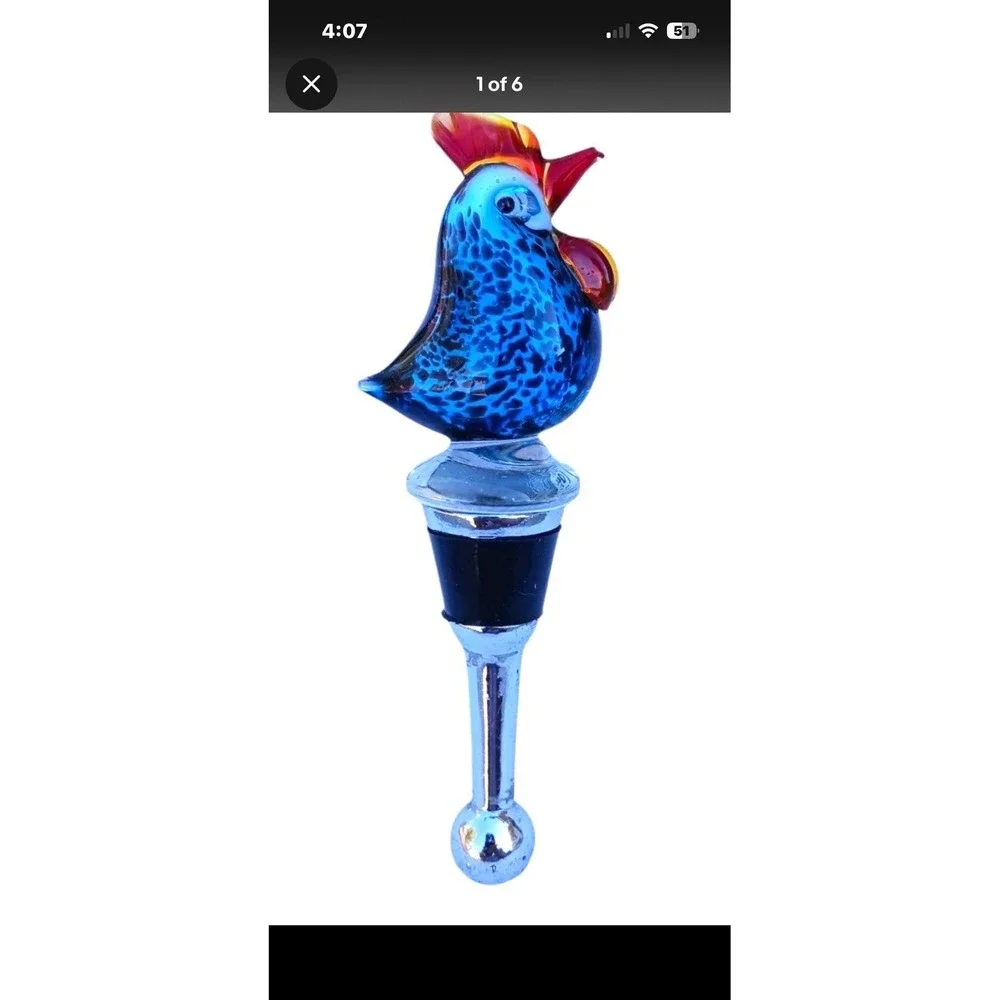 Vintage Murano Style Hand Blown Art Glass Rooster Bird Wine Bottle Stopper Cork